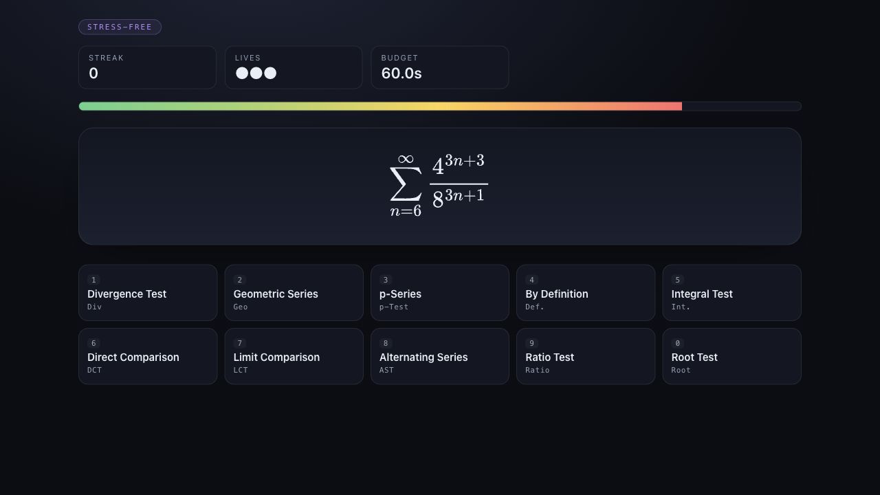 Series Dash gameplay screen with a series prompt, timer, lives, and convergence test choices