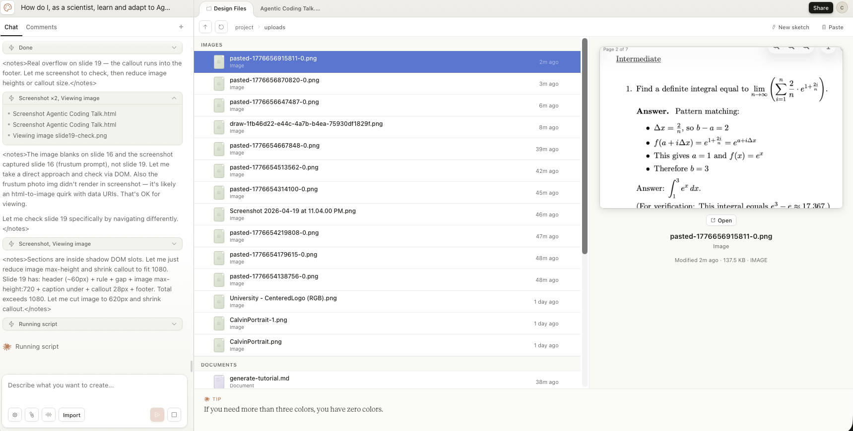 Claude Design file browser with tutorial generation in progress