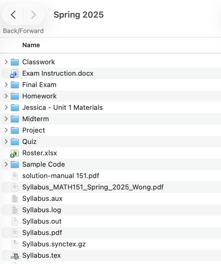 MATH 151 Spring 2025 course folder — syllabus, homework, midterm, final, roster